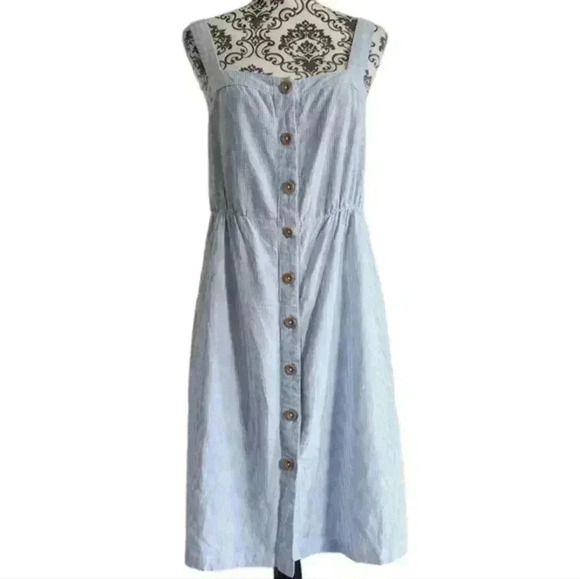 Sotela Amalfi Dress Blue White Stripe Button Front Midi Sleeveless Women's Small - Picture 2 of 14
